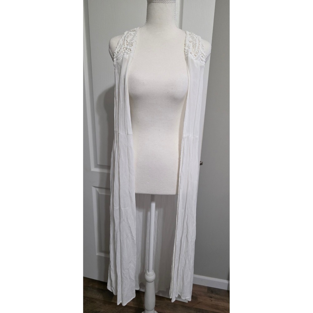 Gypsies & Moondust White Long Duster Vest Women Medium Boho Lace Crochet Gauze